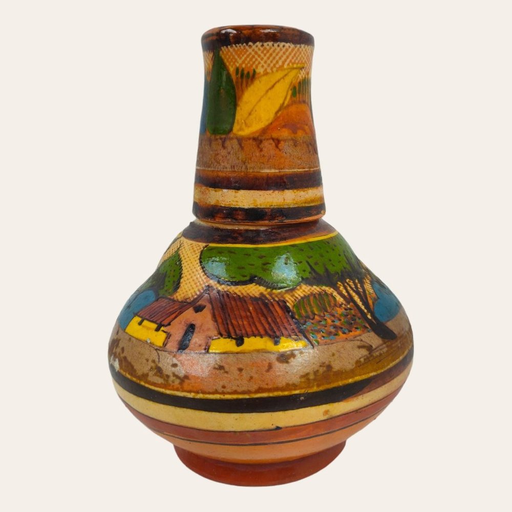Vintage Mexican Pottery Bedside Carafe w Cup Hand Painted Tonala Scene Nature L